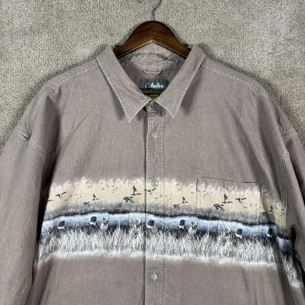Cabela's Shirt Mens 4XL Brown Flannel Hunting Dogs Ducks Long Sleeve Button - Picture 2 of 10